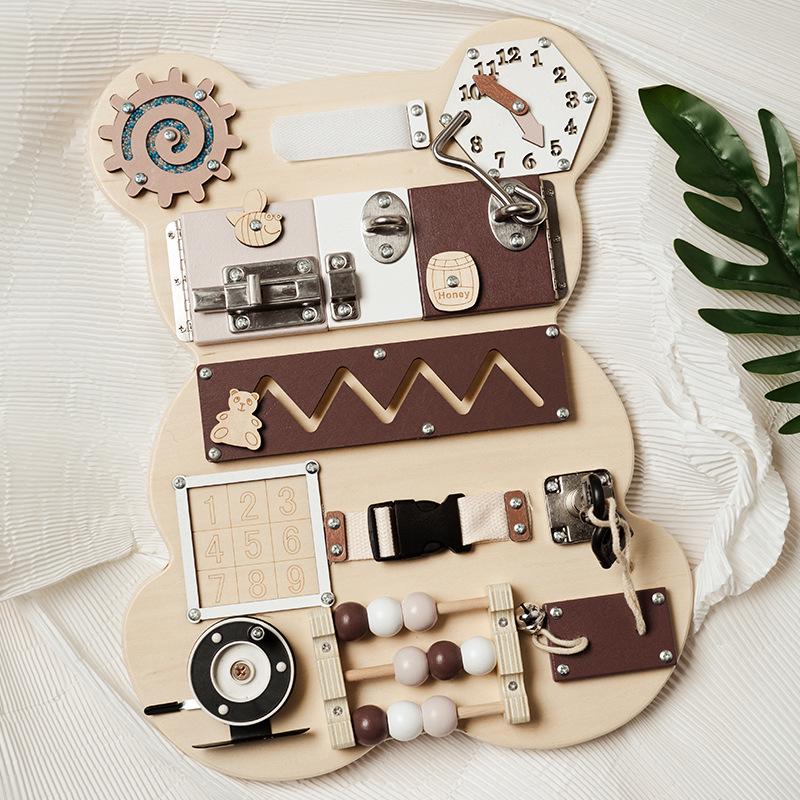 Montessori Wooden Little Bear Busy Board - Early Education & Cognitive Development Toy.