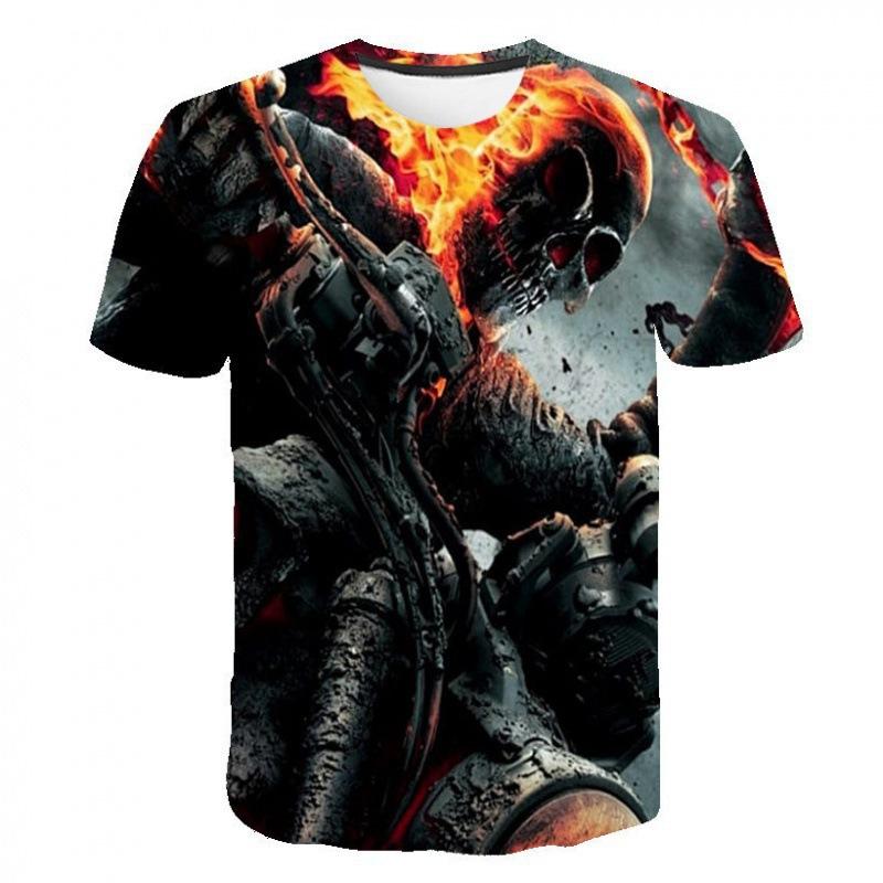 Evil Knight Skull Printed Short Sleeved T-shirt with Flame Pattern Skull Personalized Clothes for Men