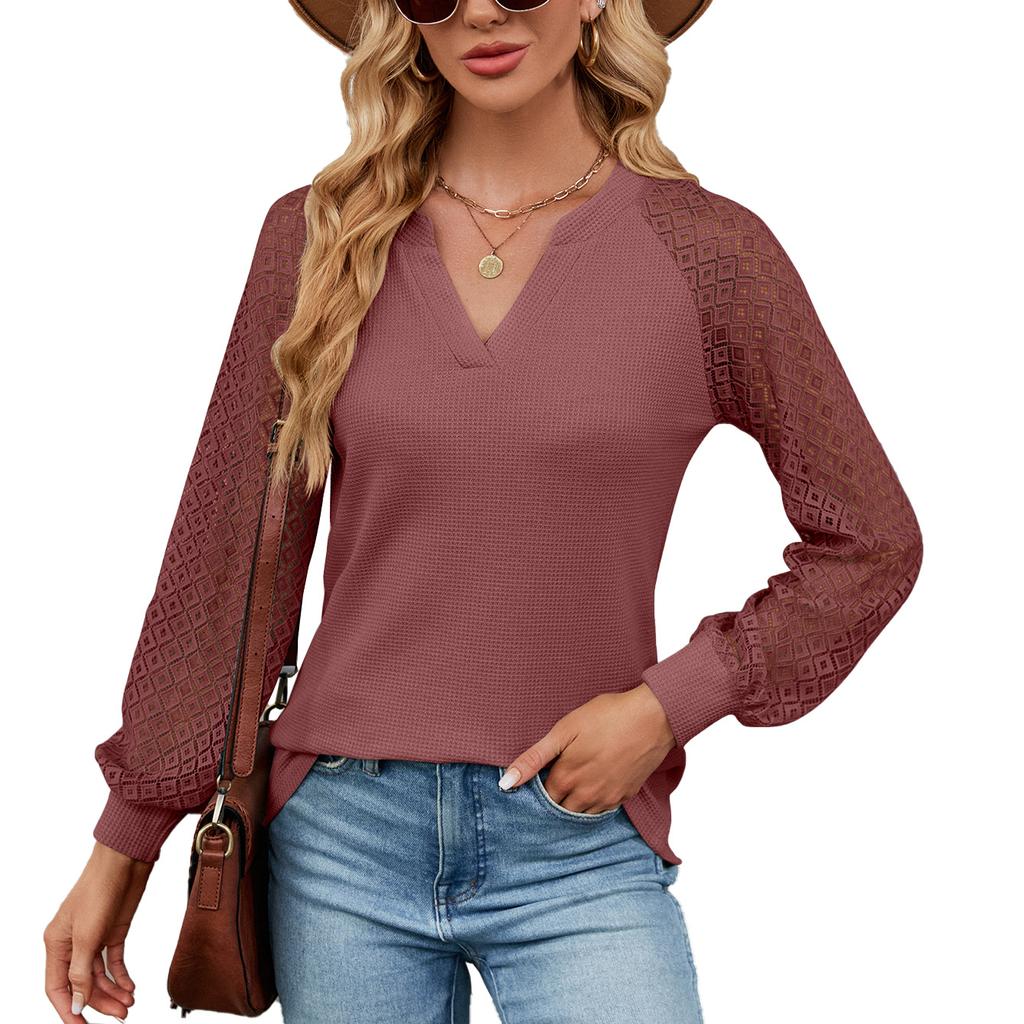 JKAASHDK Women's Fashion Casual Lace Print Summer Spring Long Sleeve V-Neck Pullovers Blouses & Shirts