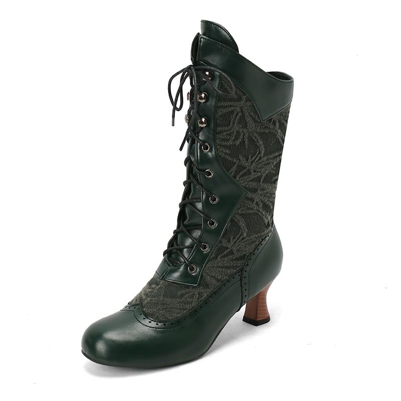 Женский костюм Косплей Обувь Ретро Ботинки до середины икры Выгоревшие Каблуки-рюмочки Передняя шнуровка Лоскутные ботинки
