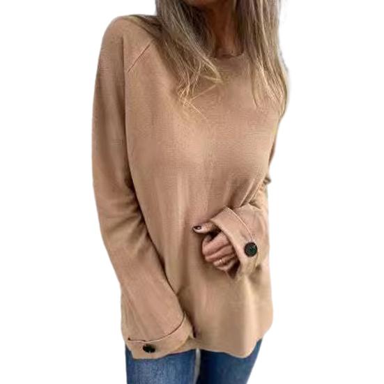 Женская футболка с круглым вырезом и длинным рукавом, реглан, на пуговицах, на манжетах, однотонная, свободная, повседневная, с пуловером, топы, повседневная одежда