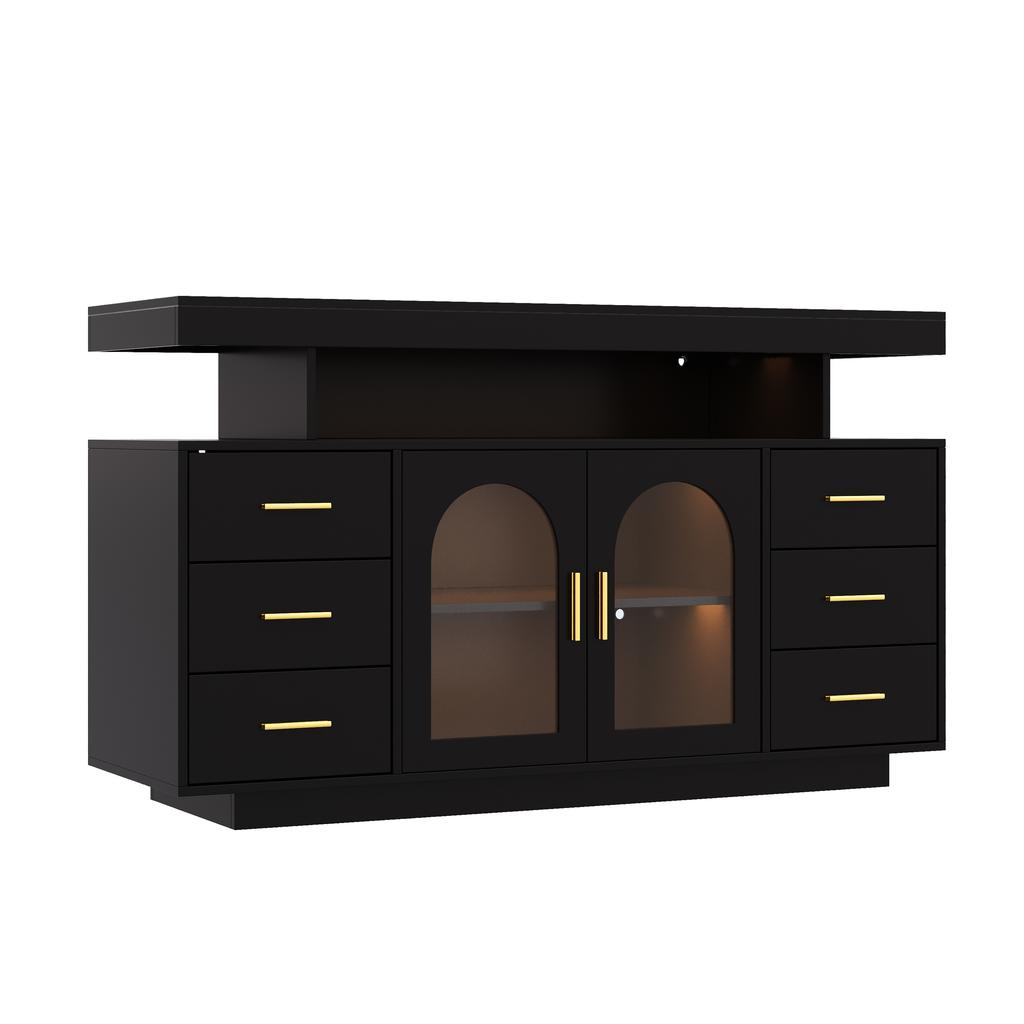 Wine Cabinet with LED Lighting, 6 Drawers, 2 Glass Doors and Open Shelf, for Kitchen, Living Room and Dining Room, 140 × 40 × 82 cm