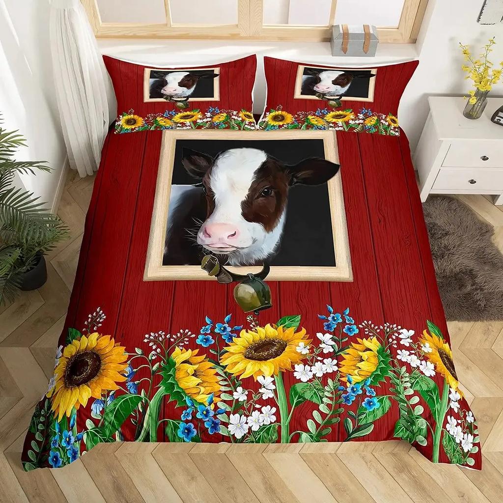 Коровы Комплект пододеяльника Двуспальный размер Принт молочной коровы Пододеяльник Тема фермерских животных Постельный комплект Декор комнаты, Клетчатый пододеяльник