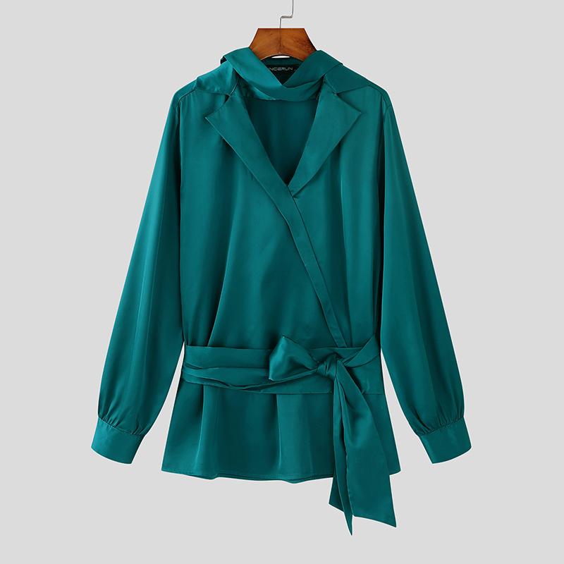 INCERUN Men V Neck Satin Shirts Solid Bandage Casual Party Tops