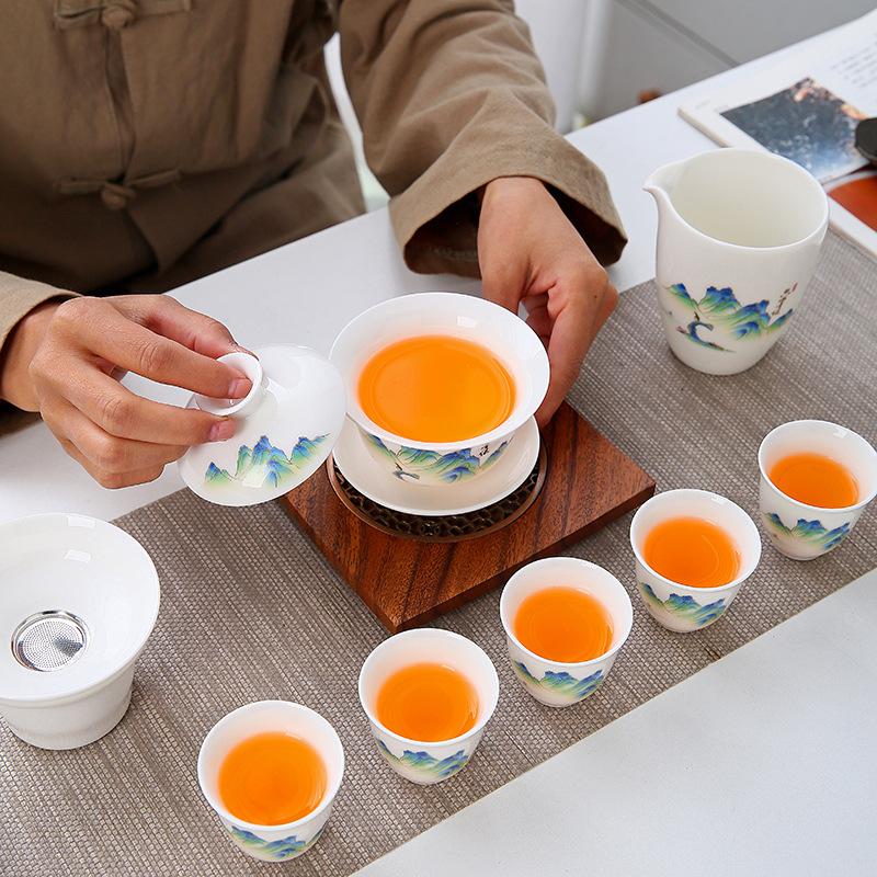 Dehua suet jade white porcelain set tea set cover bowl travel set company gifts can be added to customers