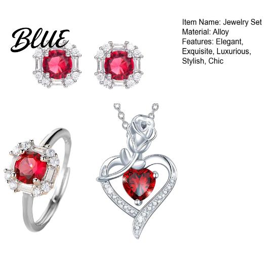 Wear-resistant Jewelry Set Red Zircon Love Heart Rhinestone Necklace Stud