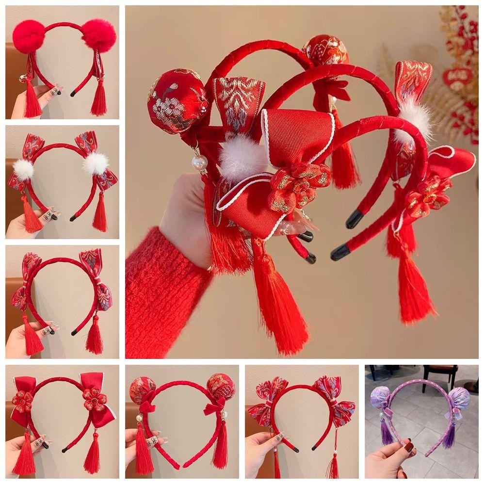 Tassel Chinese New Year Headwear Plush Ball Red Hairband Sweet Hanfu Hair Bun Hair Hoop Children