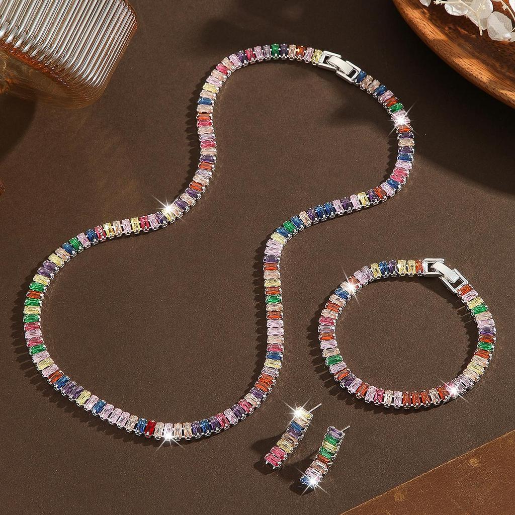 3pcs Rainbow Zirconia Jewelry Set Women Colorful Tennis Necklace Bracelet and Earrings for Elegant Wedding Accessories
