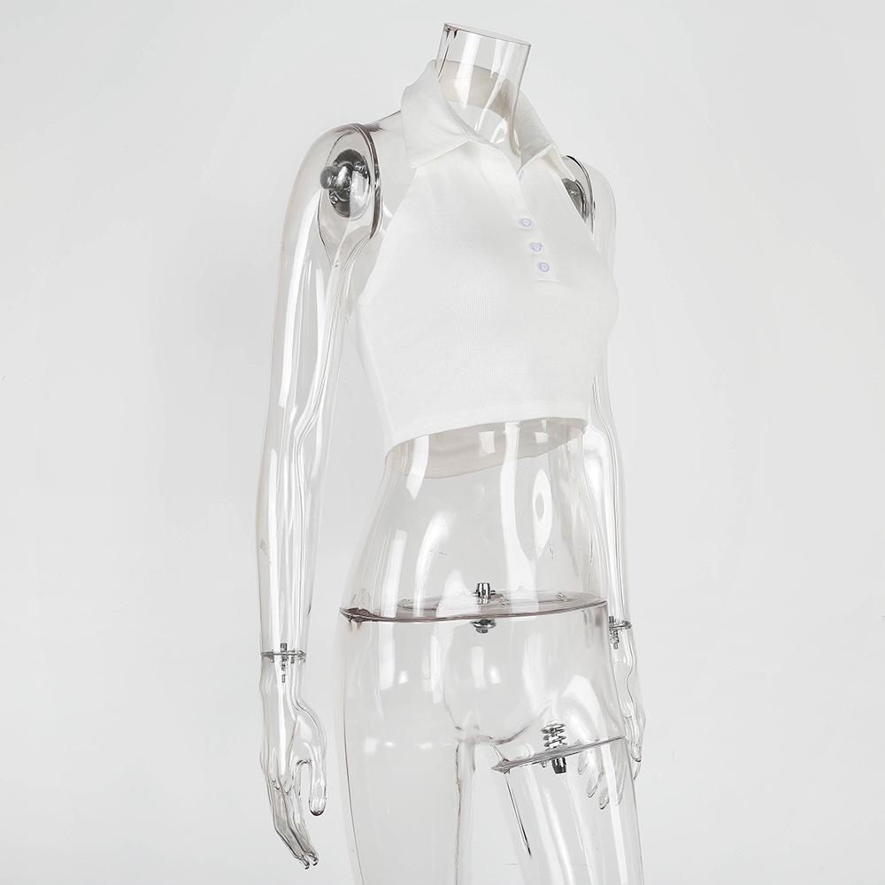 Сексуальный топ-кроп без рукавов с глубоким V-образным вырезом на пуговицах, летний белый, с открытой спиной, женская майка-халтер, клубная уличная одежда, повседневные топы