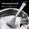 Long Handle 304 Stainless Steel Pot Brush Non Stick Magic Easy Clean Kitchen Tool for Household Canteen Cleaning