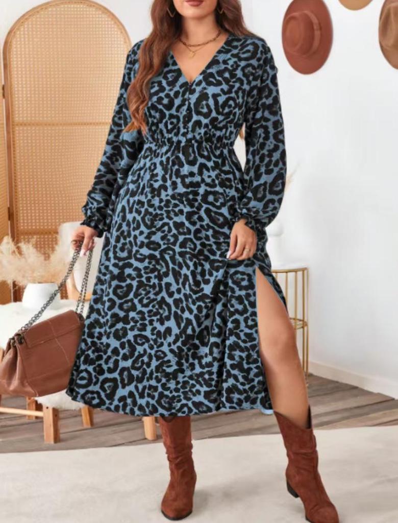 Элегантное платье большого размера с леопардовым принтом и V-образным вырезом для весны и осени