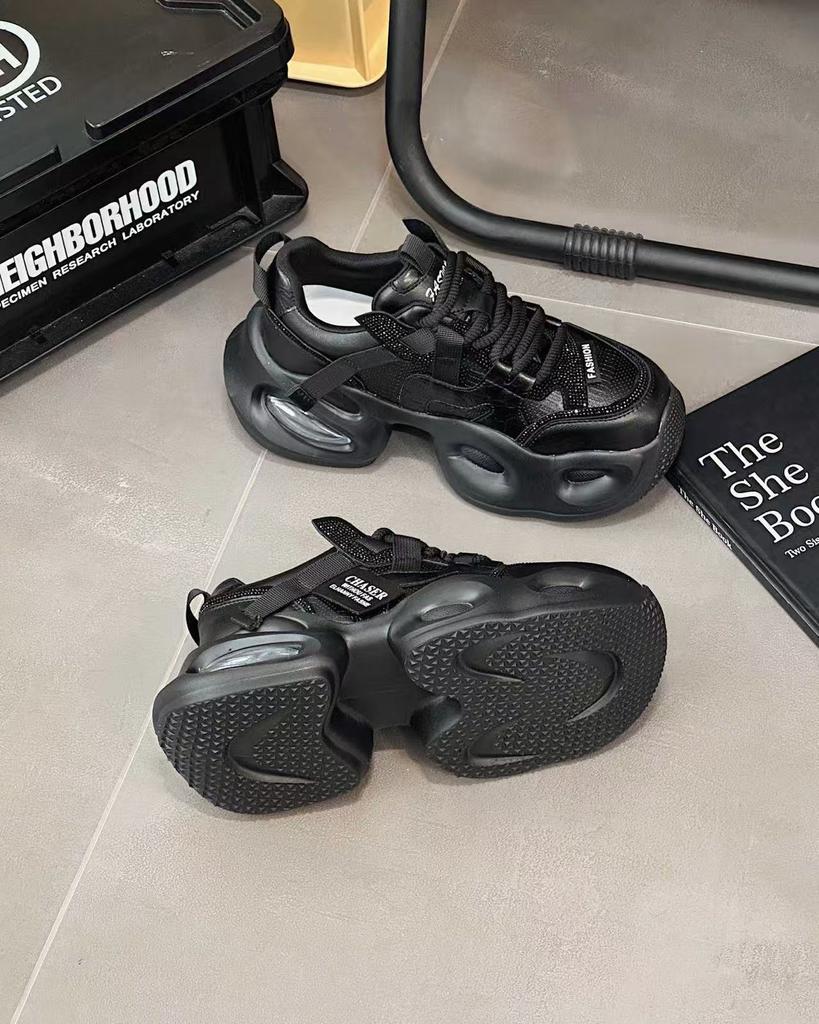 Thick-soled heightening retro dad shoes women's spring and autumn muffin shoes 2025 new women's shoes waterproof gray sneakers rhinestones