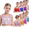 Girls Jazz Dance Costume Glittery Sequins Tiered Ruffles Crop Top Cross Back Metallic Camisole Performance Top