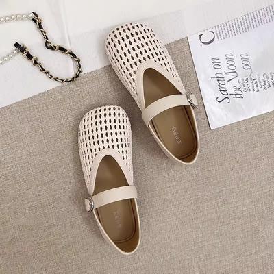 Мэри Джейн одинарная обувь женская 2025 лето новая французская ажурная вязаная серебристая обувь с открытым носком римские туфли-бобы женская обувь