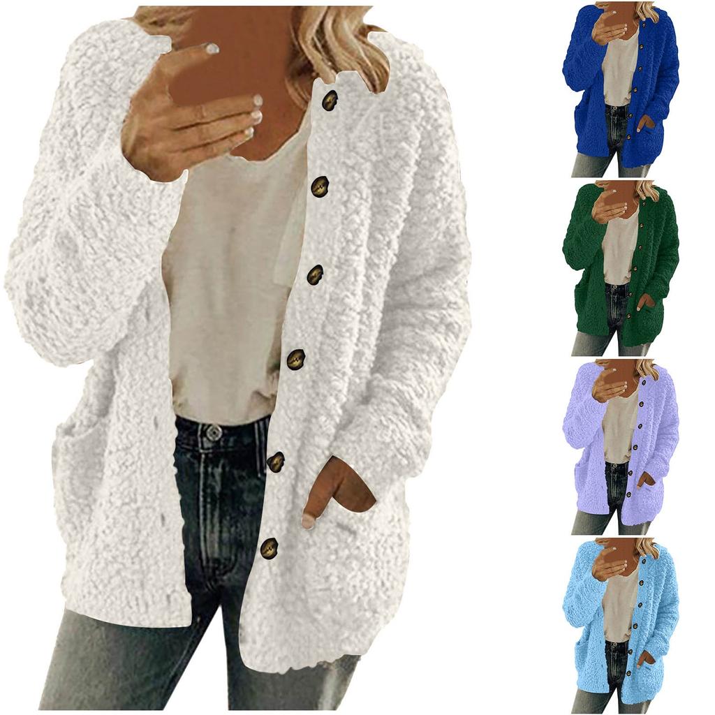 Women's Fashionable Solid Color Long Sleeved Single Breasted Pocket Round Neck Plush Jacket