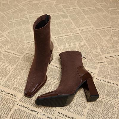 Весна, осень и зима 2024 года. Новые узкие сапоги в французском стиле. Европейские взрывные сапоги на высоком каблуке. Короткие женские сапоги с маленькой квадратной головкой.