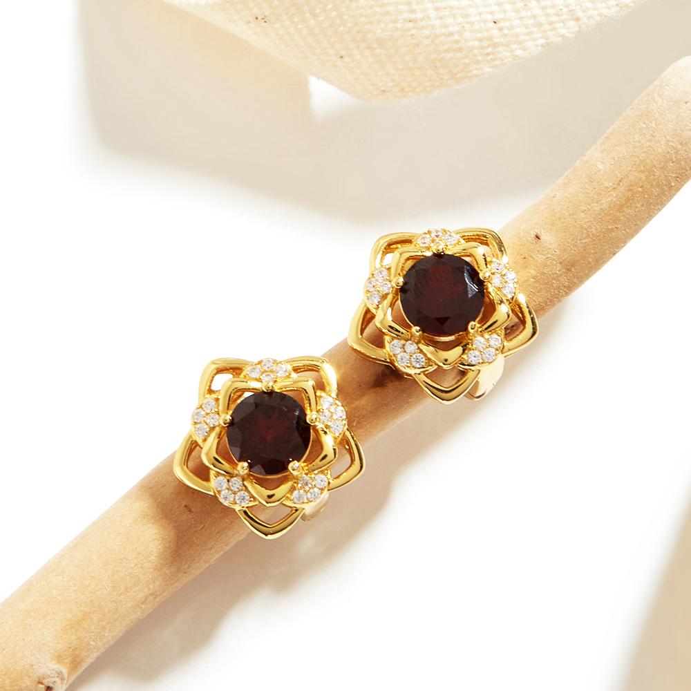 925 Sterling Silver Jewelry Set Flower Design Yellow Clasp Earring Ring Natural Red Garnet Gemstones Fine Jewelry for Women Girls Gift