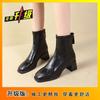 Square Head Thin Boots Thick Heel Middle Heel Fairy Temperament Short Boots Female Autumn and Winter New Versatile