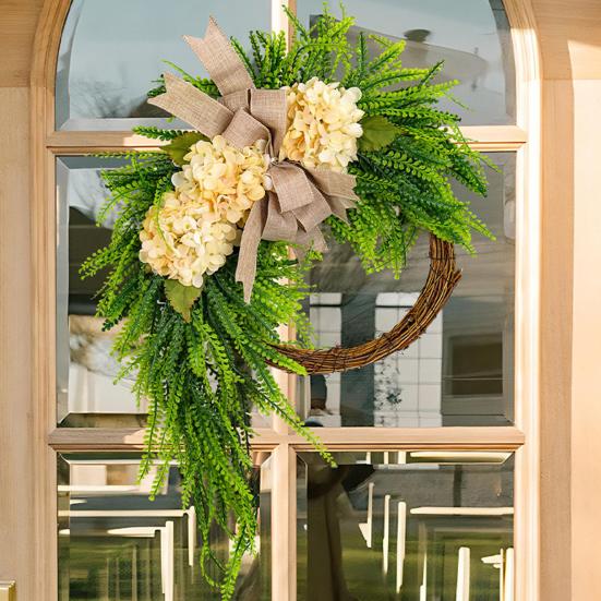 Artificial Hydrangea Wreath for Front Door 16 Inch Lifelike Floral Wreath with Burlap Bow for Door Wall Wedding Party Home Farmhouse Decoration