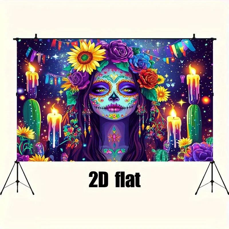 Magic Starry night scene background cloth - Bright sunflowers, candles and purple roses - Death Day inspired party decoration
