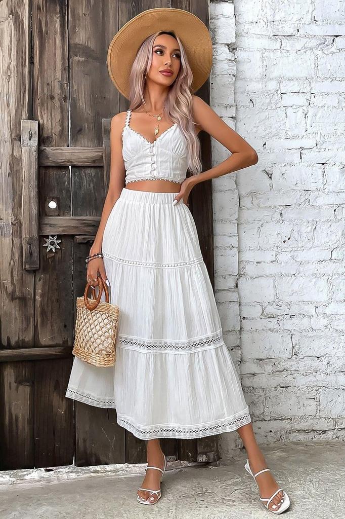 Bella Notte White Lace Detail Muslin Fabric Long Skirt