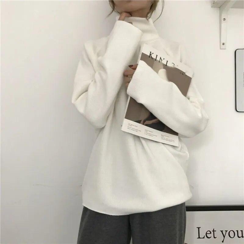 Джемпер с высоким воротником, женский теплый тонкий вязаный свободный белый пуловер, вязаный базовый топ, вязаная одежда на весну и осень