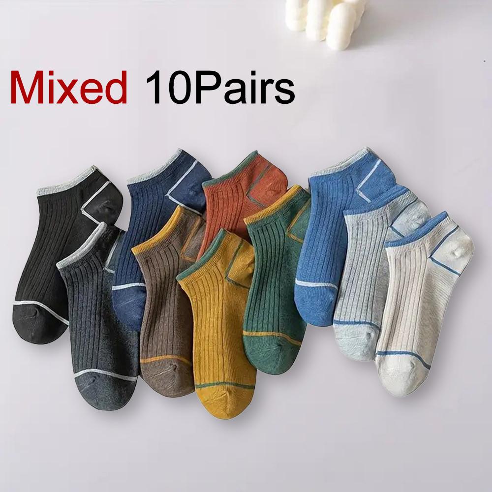 5/10 Pairs Men Spring Summer Color Blocked Socks Fashionable Stripes Anti Odor Sweat Absorbing Breathable Sports Leisure Socks