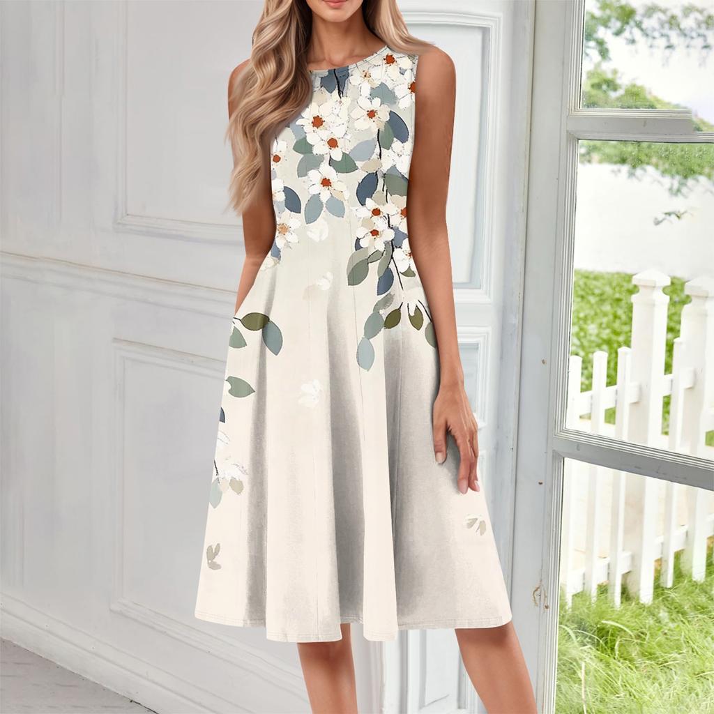 Женское повседневное модное платье миди с цветочным принтом и круглым вырезом без рукавов