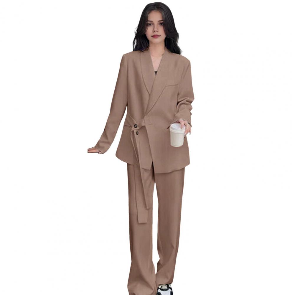 2 Pcs/Set Lady Formal Coat Pants Set Long Sleeves Button Strap Closure V Neck Cardigan Mid Length Jacket Straight High Waist Tro