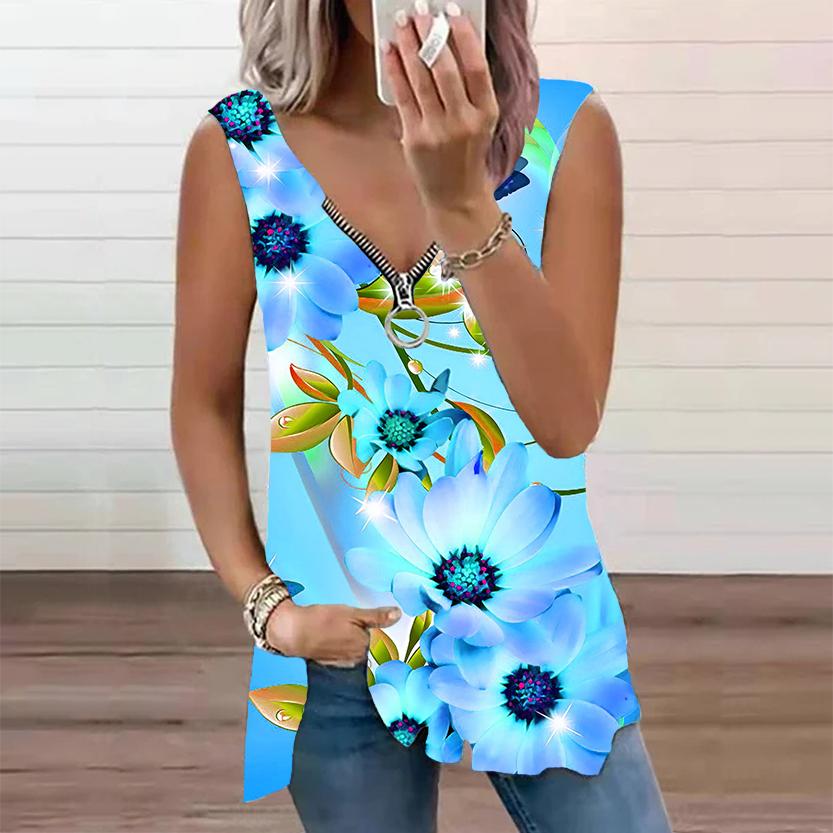 Женский топ, летняя новая мода, повседневный топ с принтом солнечных цветов, большие размеры, без рукавов, на молнии, с v-образным вырезом, майка