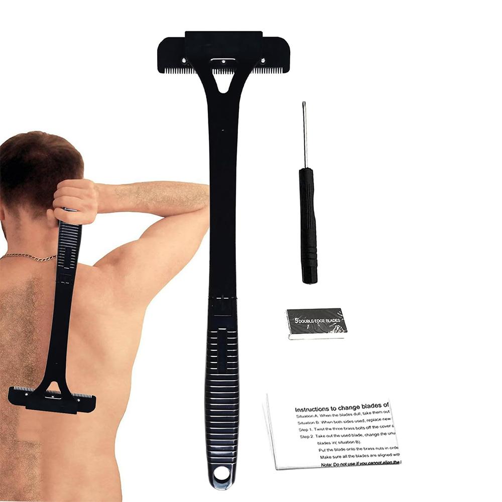 Men Back Shaver Hair Shaver Long Handle Folding Trimmer Body Leg Razor Shaver Hair Removal Tool with 5Pcs Replaceable Blades