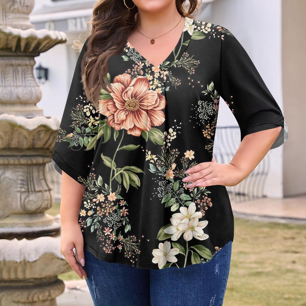 Women's Fashion Large Size Print V-Neck Three-quarter Sleeve Top
