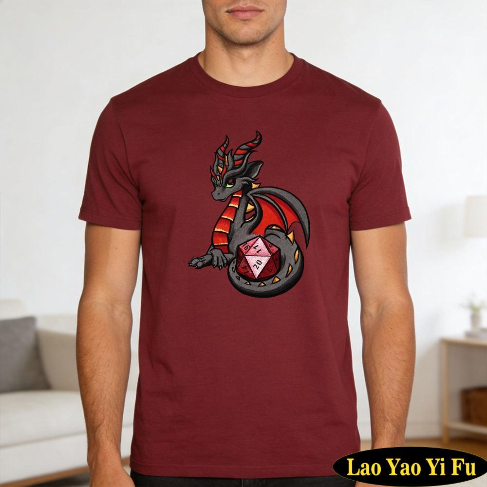 Cute Black Red Dragon With D20 Dice Print Tshirt Unisexs Casual Fantasy Streetwear D20 Dragon Rpg Gamer Graphic Tee