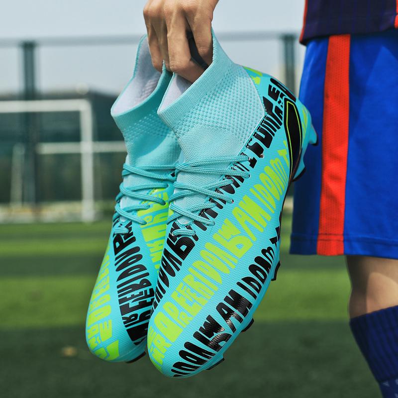 Футбольные бутсы, бутсы с текстовым узором, высокие кеды, длинные гвозди, высокие эластичные носки, тренировочные детские футбольные бутсы с искусственным лугом