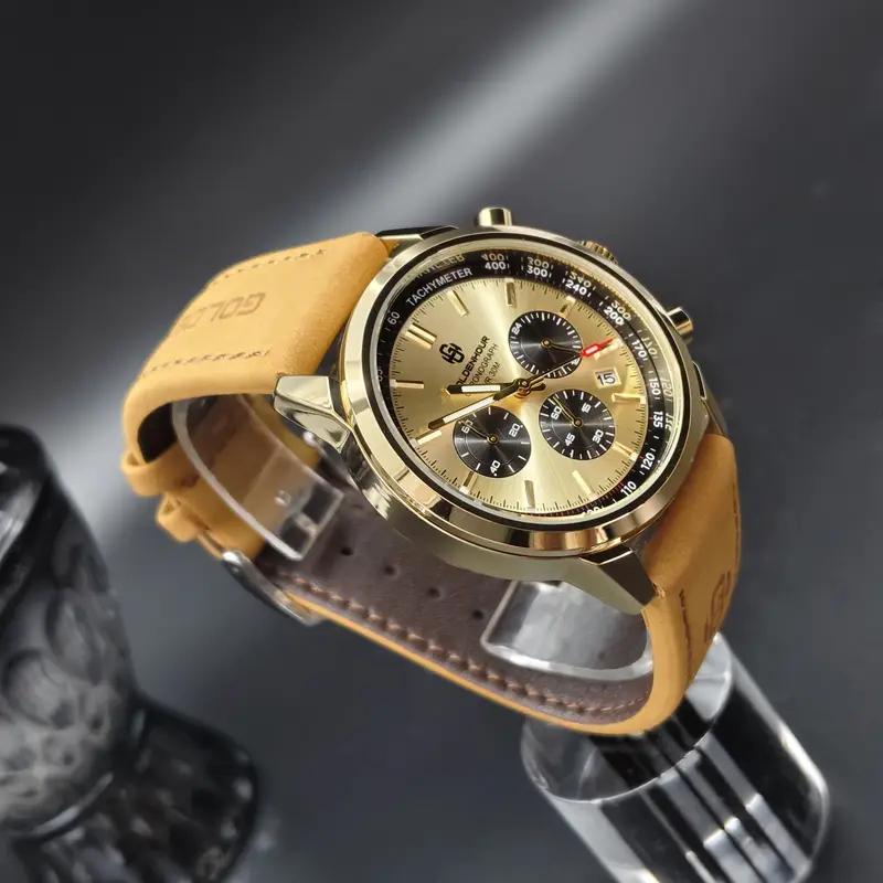 Luxury Mens Watch Fashion Leather Luminous Calendar Business Man Watch Waterproof Chronograph Gold Quartz Watches for Men
