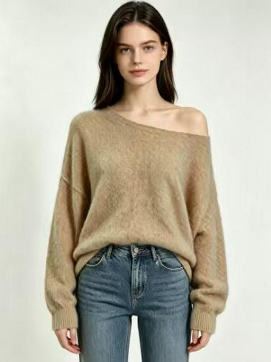 Women's Off-Shoulder Loose Knit Sweater - Autumn/Winter Lazy Style Base Layer Top