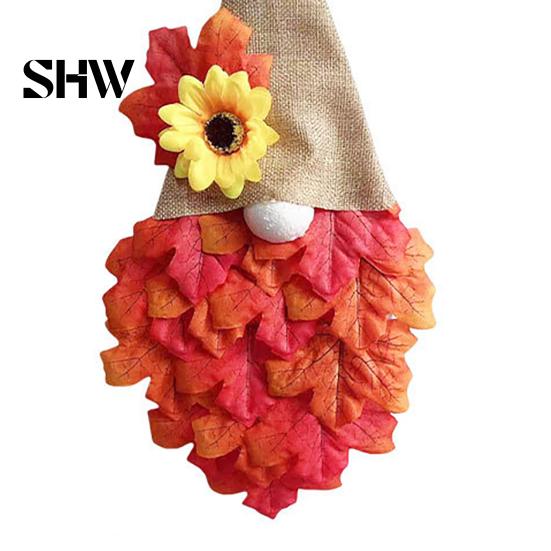 Rustic Fall Door Wreath Autumn Gnome Maple Leaf with LED Lights, Pointed Hat Housewarming Gift for Hanging, Farmhouse Harvest Thanksgiving Front Home