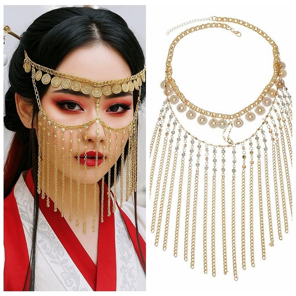 Rhinestone Curtain Head Chain Coin Bell Masquerade Mask Fashion Belly Dance Face Veil  Middle East