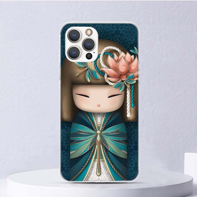 Керамическая кукла Кокеси Девочка в кимоно Мягкий чехол для iPhone 16 17 Air 16E 15 Plus 11 12 13 Mini 14 Pro Max Чехол для телефона Apple 7 8 SE Coque Fund