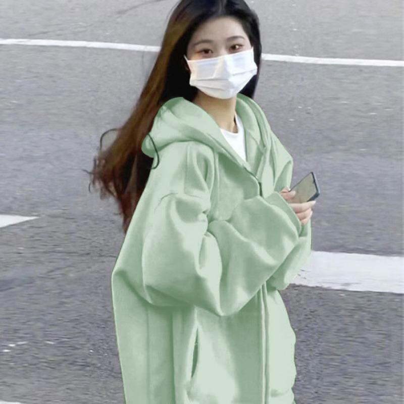 Sweatshirt Women's Sprin Autumn Hooded Thin Jacket with Thick Velvet Korean Style Trendy Student Loose Top Cardigan