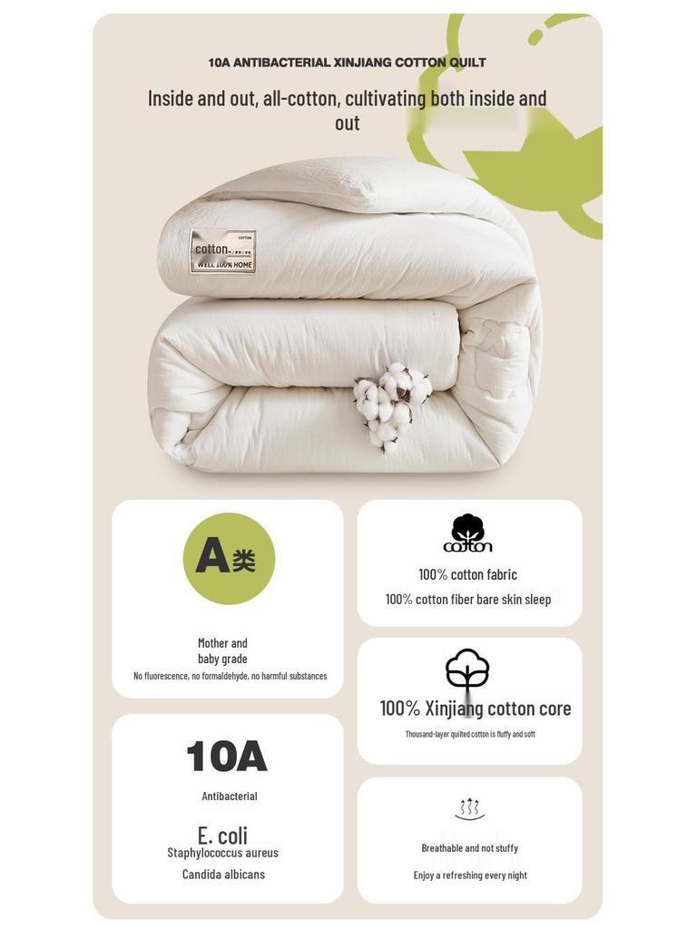 Антибактериальное одеяло класса А из хлопка Синьцзян - 100% наполнитель из чистого хлопка для использования весной, осенью и теплой зимой в общежитии