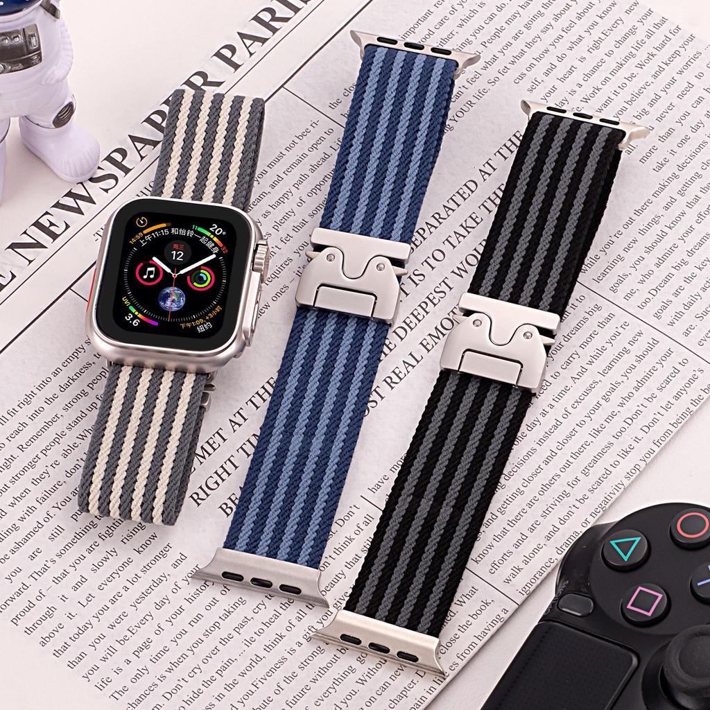 Watch Band for Apple Watch Series 10 9 8 7 SE 6 5 4 3 2 1 42mm 41mm 40mm 38mm 4-Stripe Parachute Buckle Nylon Strap
