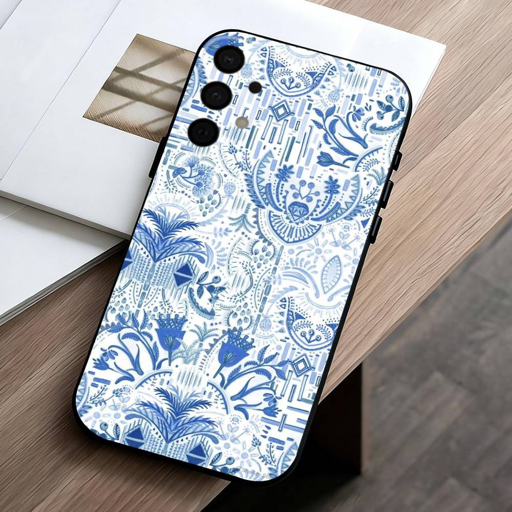 Сине-белый фарфоровый чехол для телефона Samsung Galaxy A73, A72, A71, A70, A53, A52, A51, Мягкий силиконовый черный чехол