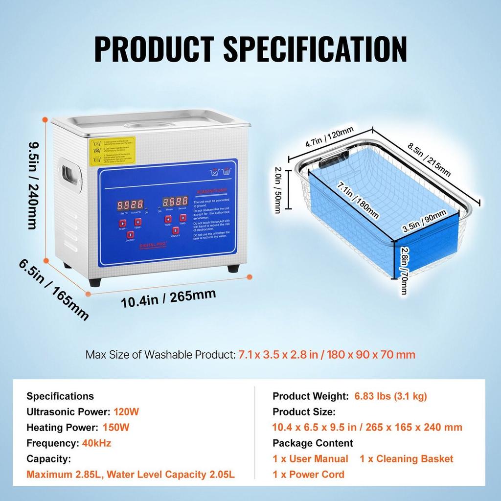 3L Ultrasonic Cleaner Machine Stainless Steel Ultrasonic Cleaning Machine Digital Heater Timer Jewelry Cleaning for Commercial Personal Home Use(3L)