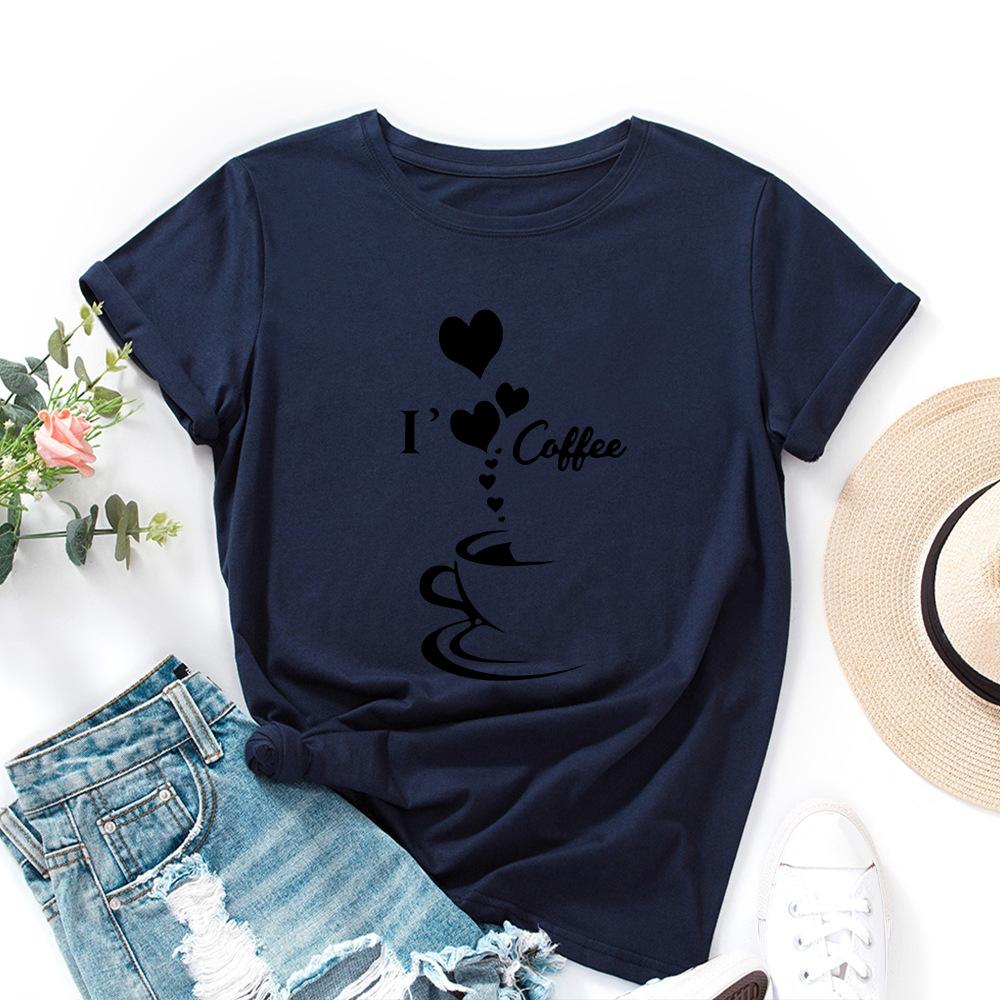 I Heart Coffee Cotton T-Shirt Short Sleeve Round Neck Women 2d Print Tops