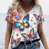 Женская футболка, летняя мода, цветочный принт с бабочками, короткий рукав, футболка с V-образным вырезом, женская одежда, большие размеры