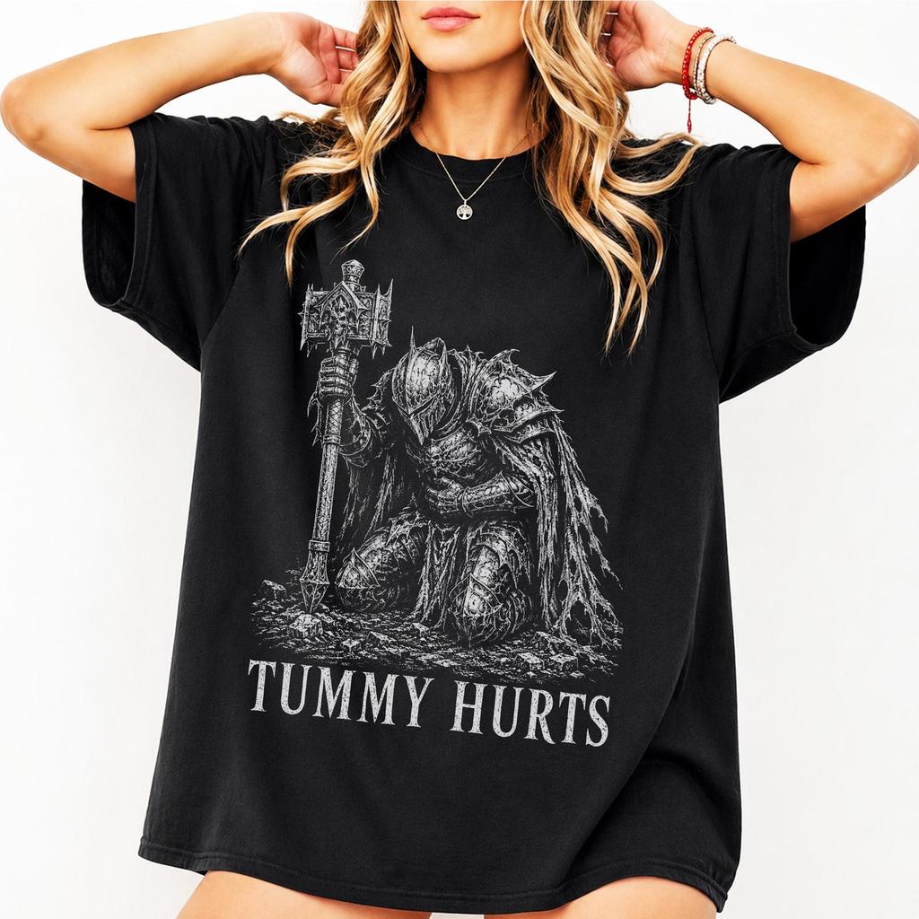 Tummy Hurts Shirt, Sad Knight Graphic Tee, Medieval Dark Fantasy Meme, Funny Tummy Ache Gift, Gothic Warrior Apparel