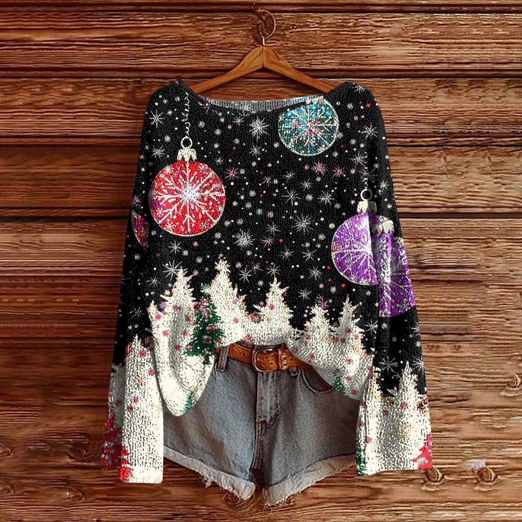 Women's Christmas Print Lightweight Sweater Casual Long Sleeve Knitted Pullover