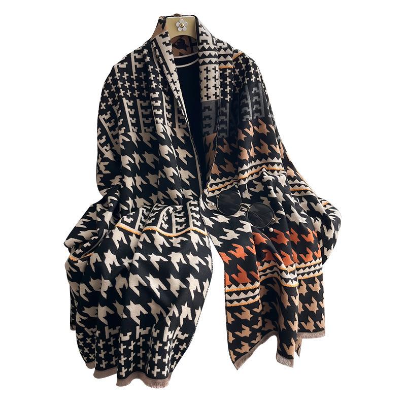 Houndstooth Autumn And Winter Thickened Short Beard Tassel Fashion Warm Ladies Scarf Medium Length Air Conditioner Shawl