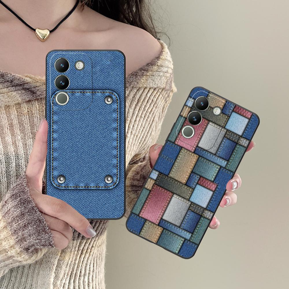 Джинсовая Текстура Чехол для Мобильного Телефона для VIVO V60 V50 V40 V30 V29 V27 V25 V23 Pro Lite 5G Цветной Чехол с Печатью Роскошный Чехол Красивый